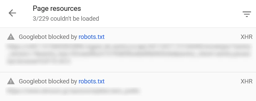 Google's inspection tools report showing resources that Googlebot could not load.
